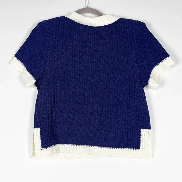 NEW The Femm Dane Boxy Knit Stretch Collared Polo Short Sleeve Sweater Midnight